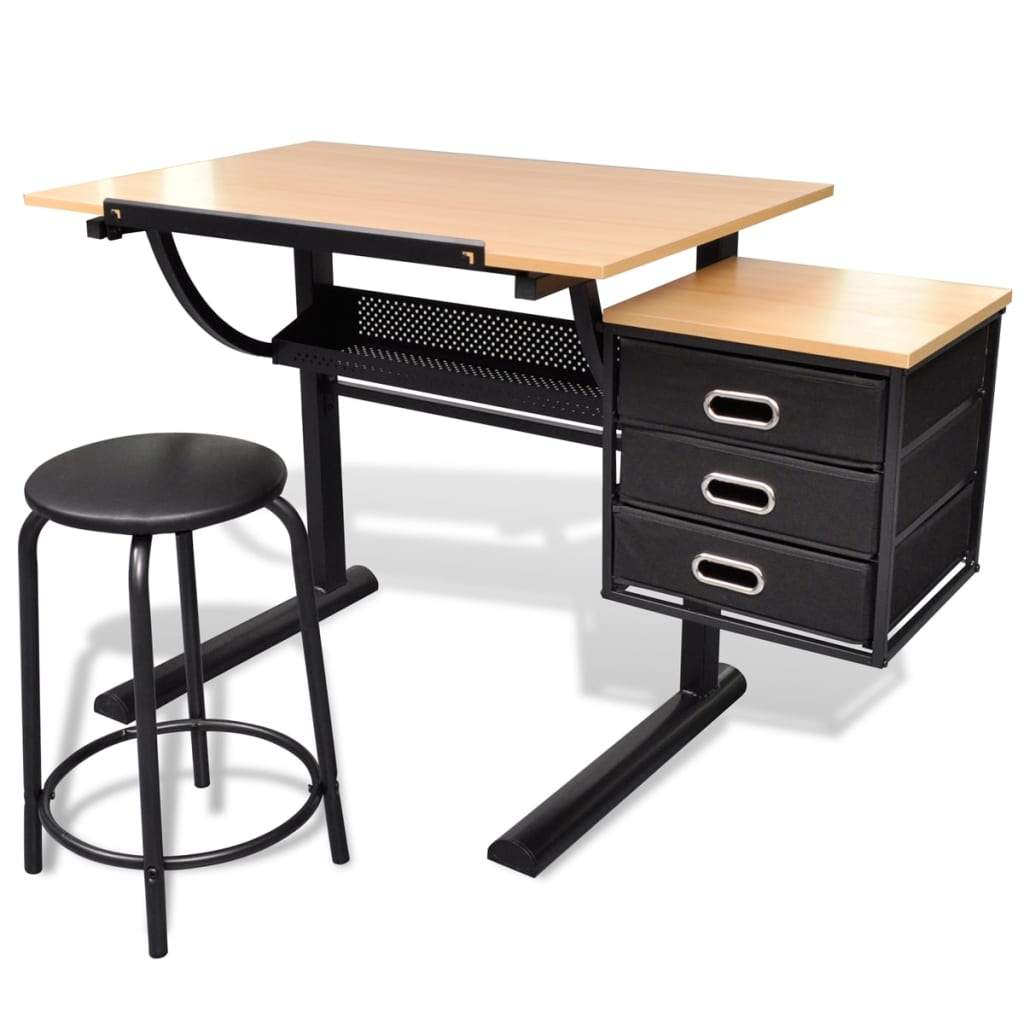 vidaXL Three Drawers Tiltable Tabletop Drawing Table with Stool